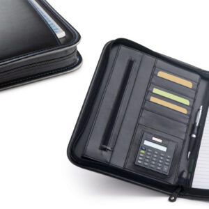 Brindes Personalizados para Empresas BH | ASSIS Pasta A4 Calculadora 8 Dígitos Bolso Frontal Couro Sintético Incluso Pilha