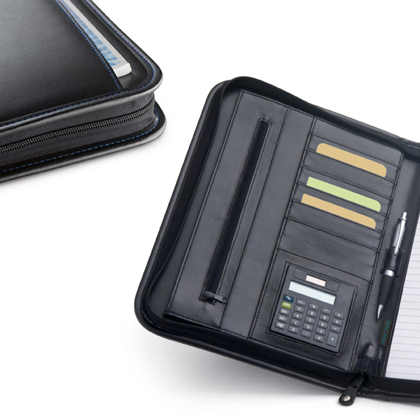 Brindes Personalizados para Empresas BH | ASSIS Pasta A4 Calculadora 8 Dígitos Bolso Frontal Couro Sintético Incluso Pilha