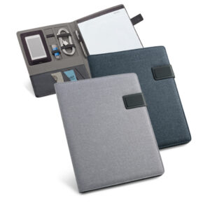 Brindes para Empresas Personalizados BH | LEWIS Pasta A4 Couro e Linho Sintético Placa Metálica Acabamento Emborrachado